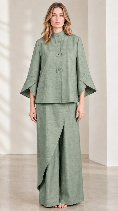 Sage Green Mandarin Collar Jacket and Asymmetric Wide-Leg Pants Set