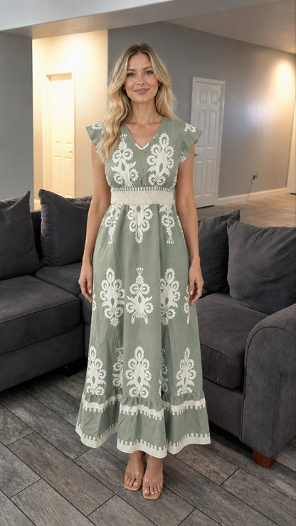 Front view of sage green boho maxi dress