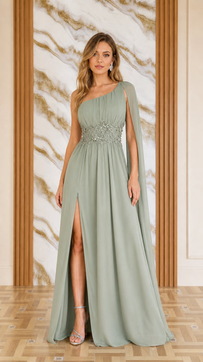Front view of woman wearing sage green one-shoulder cape evening dress