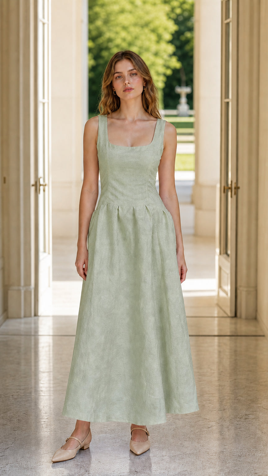 Model wearing sage green variant of the midi dress
