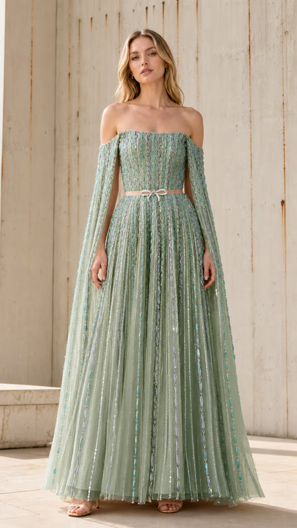 Front view of sage green color variant of the embellished tulle gown