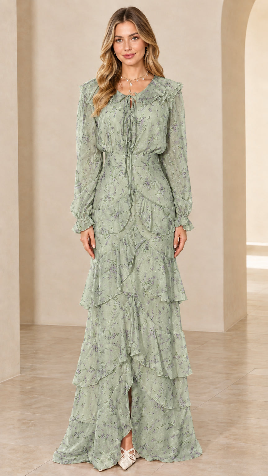 Front view of long sleeve tiered floral maxi dress in sage green
