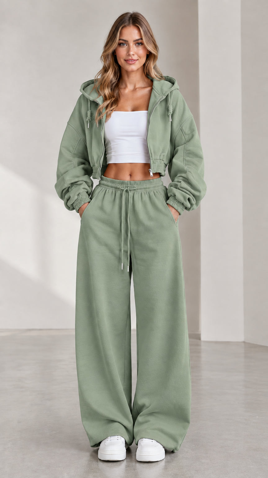 Woman wearing sage green cropped zip-up hoodie and wide-leg fleece sweatpants set