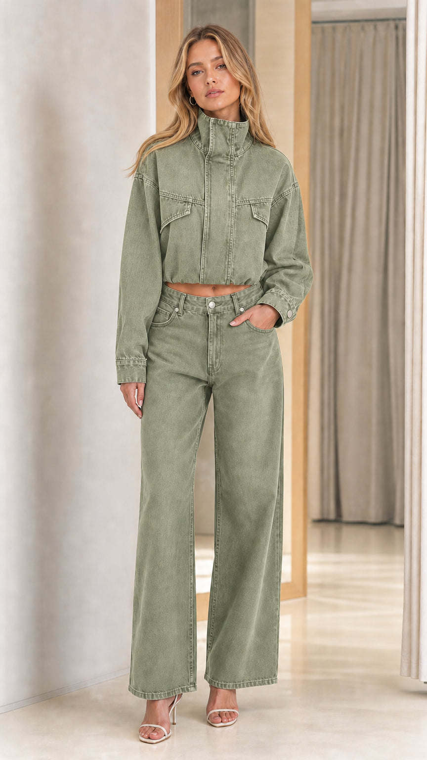 Model wearing sage green washed cropped denim jacket and wide leg pants set