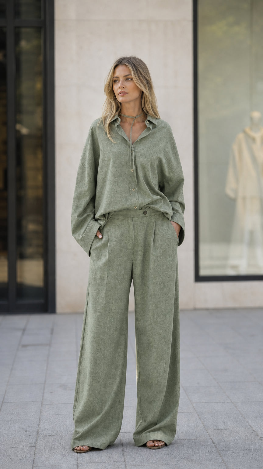 Full-length view of woman in sage green matching set