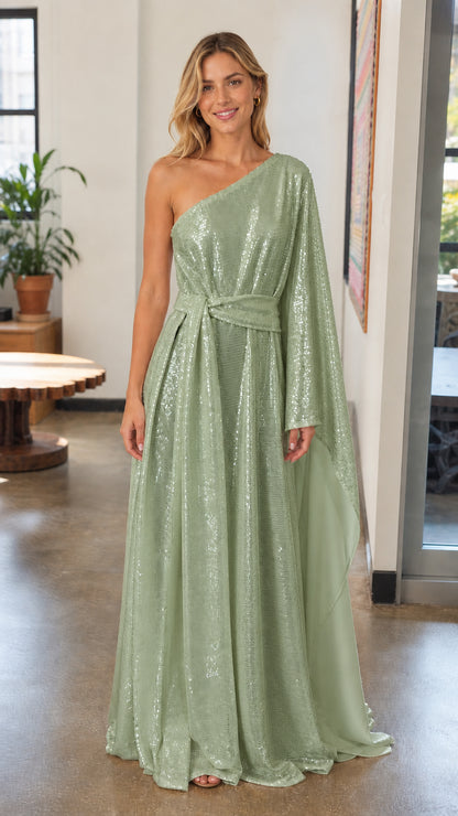 Front view of woman wearing sage green one-shoulder sequin maxi dress