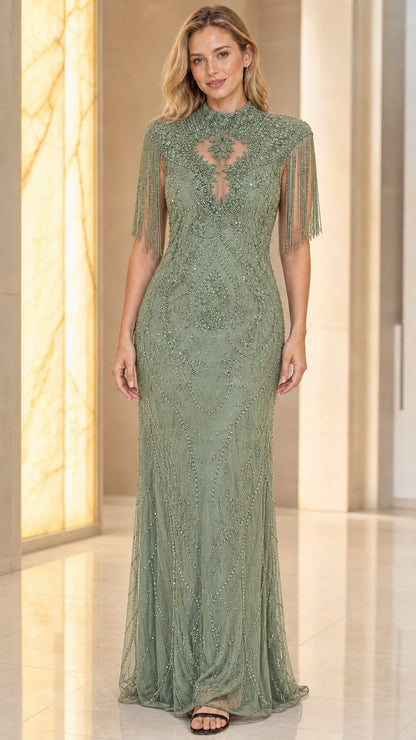 Front view of sage green evening gown variant