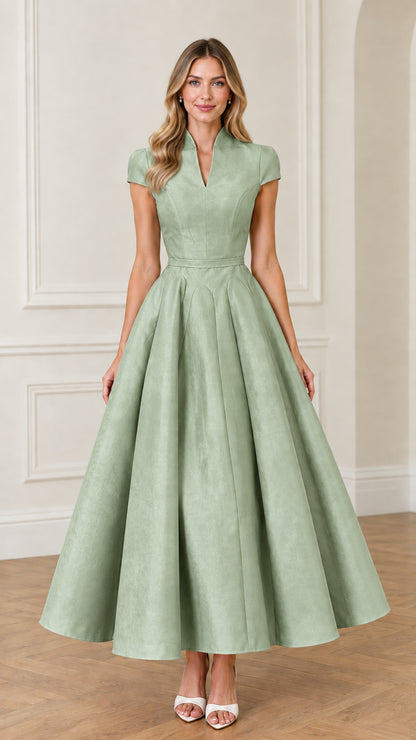 Front view of woman wearing Sage Green pleated flare maxi evening dress