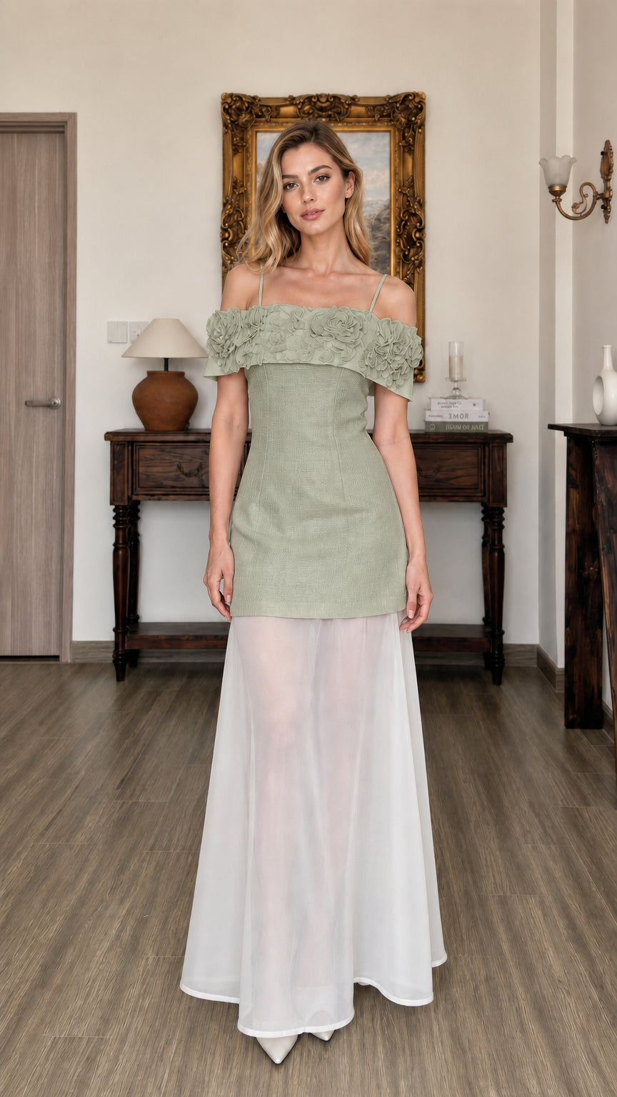 Front view of model wearing sage green 3D floral off-shoulder maxi dress