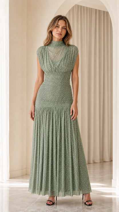 Sage green high neck sleeveless pleated dot mesh maxi dress