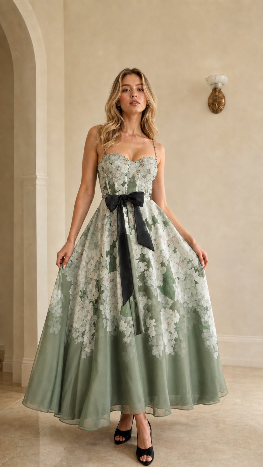 Sage green color variant of the floral ombre maxi dress