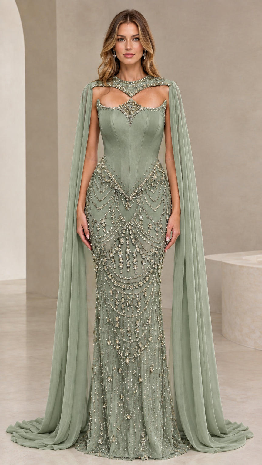 Sage Green floor length embellished evening gown with cape sleeves