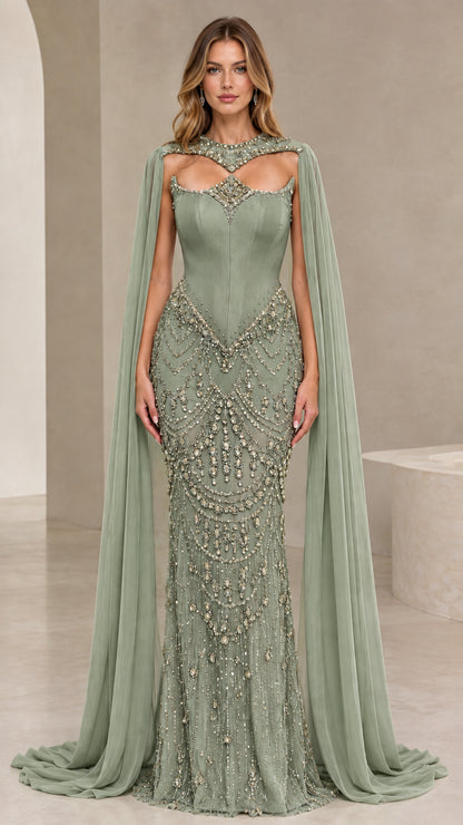 Sage Green floor length embellished evening gown with cape sleeves