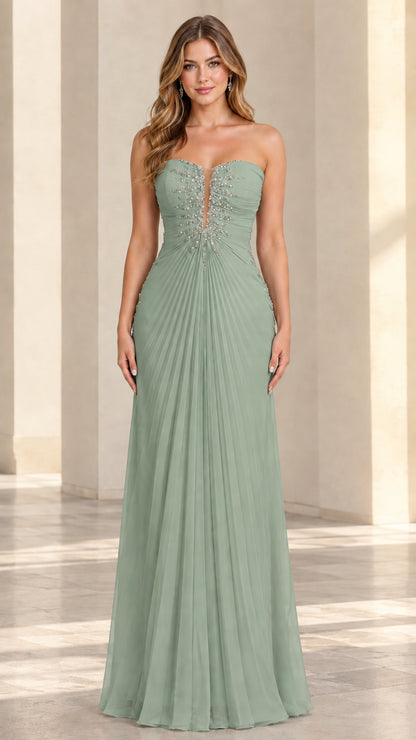 Front view of model wearing sage green strapless pleated chiffon evening gown