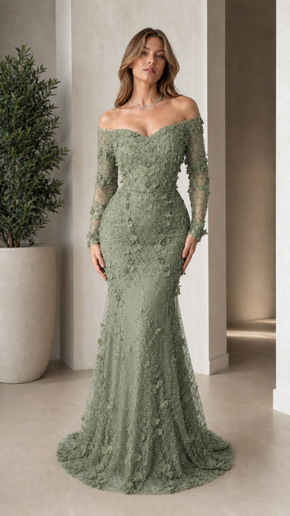 Front view of woman wearing sage green 3D floral embellished mermaid dress