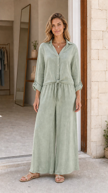 Front view of sage green button-down wide leg jumpsuit
