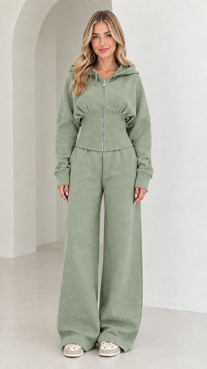 Full-length view of women's corset hoodie and wide-leg sweatpants set in Sage Green