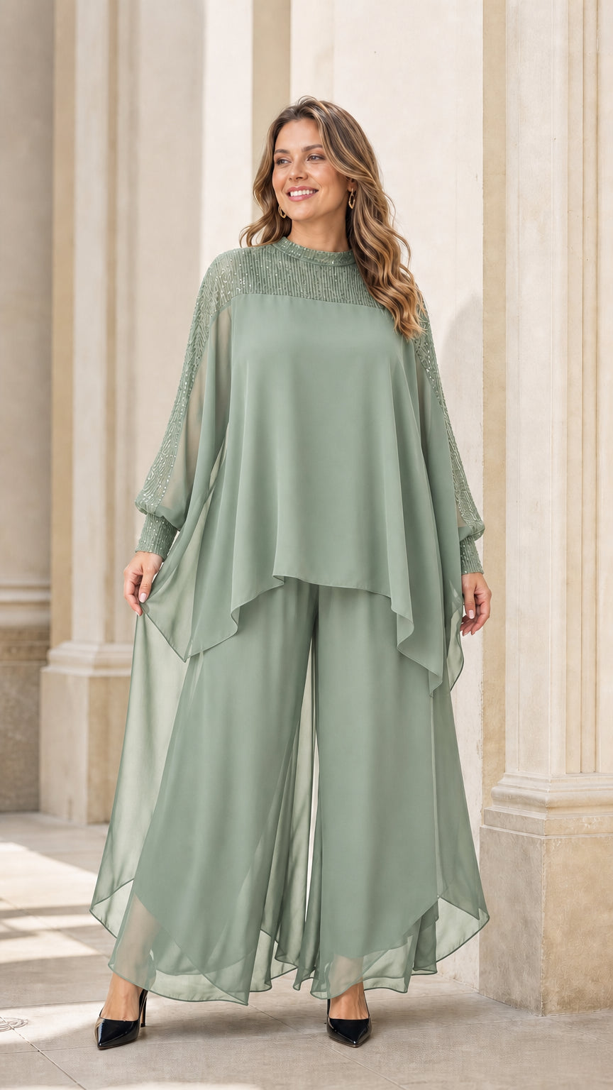 Model wearing sage green two-piece chiffon set