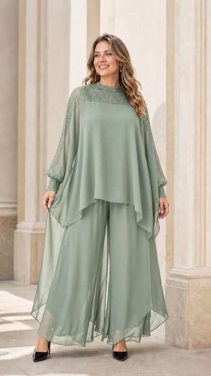 Model wearing sage green two-piece chiffon set