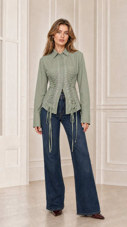 Front view of sage green long sleeve corset lace-up button-down blouse