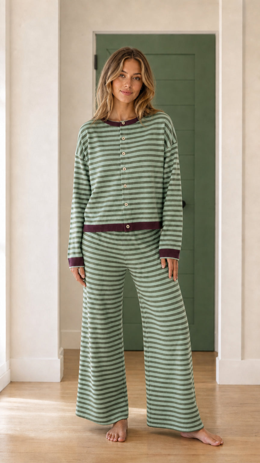 Model wearing green striped knit loungewear set