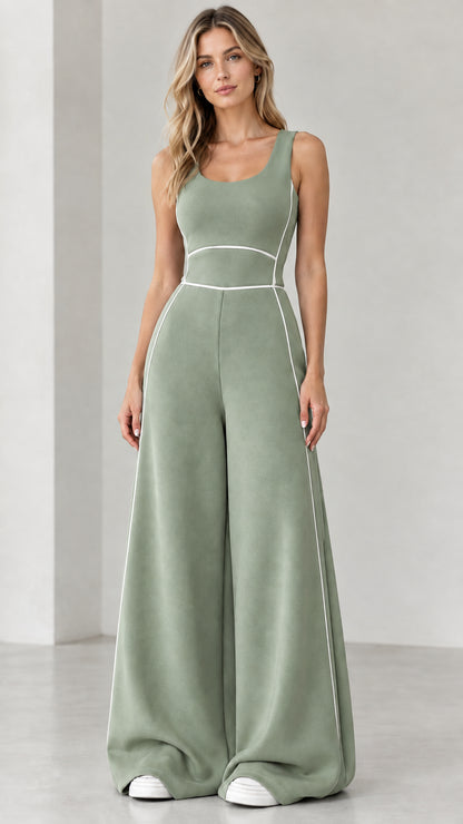 Sage green sleeveless wide-leg jumpsuit with white piping detail
