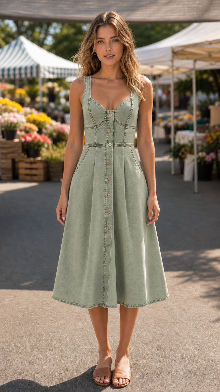 Sage green denim midi dress on model