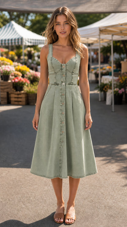 Sage green denim midi dress on model
