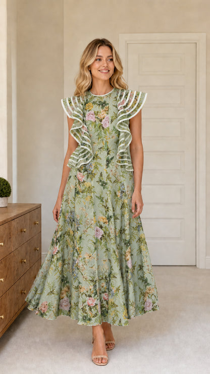 Model wearing sage green floral ruffle maxi dress