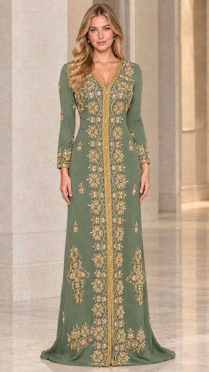 Sage Green embroidered kaftan maxi dress for formal occasions