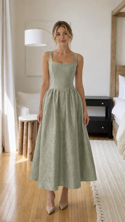 Woman wearing sage green square neck midi dress