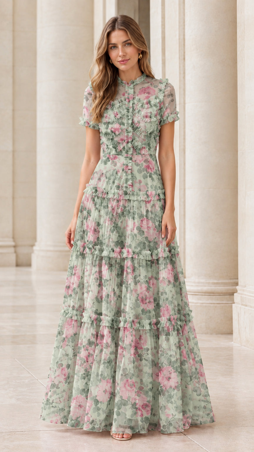 Front full view of the sage green floral ruffle tiered maxi dress