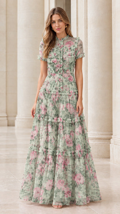 Front full view of the sage green floral ruffle tiered maxi dress
