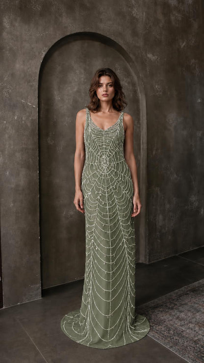 Front view of sage green beaded evening maxi dress