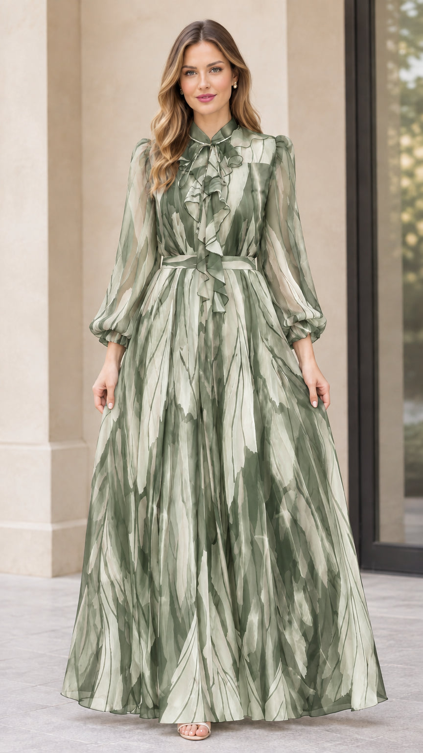 Front view of sage green abstract print tie-neck belted maxi dress