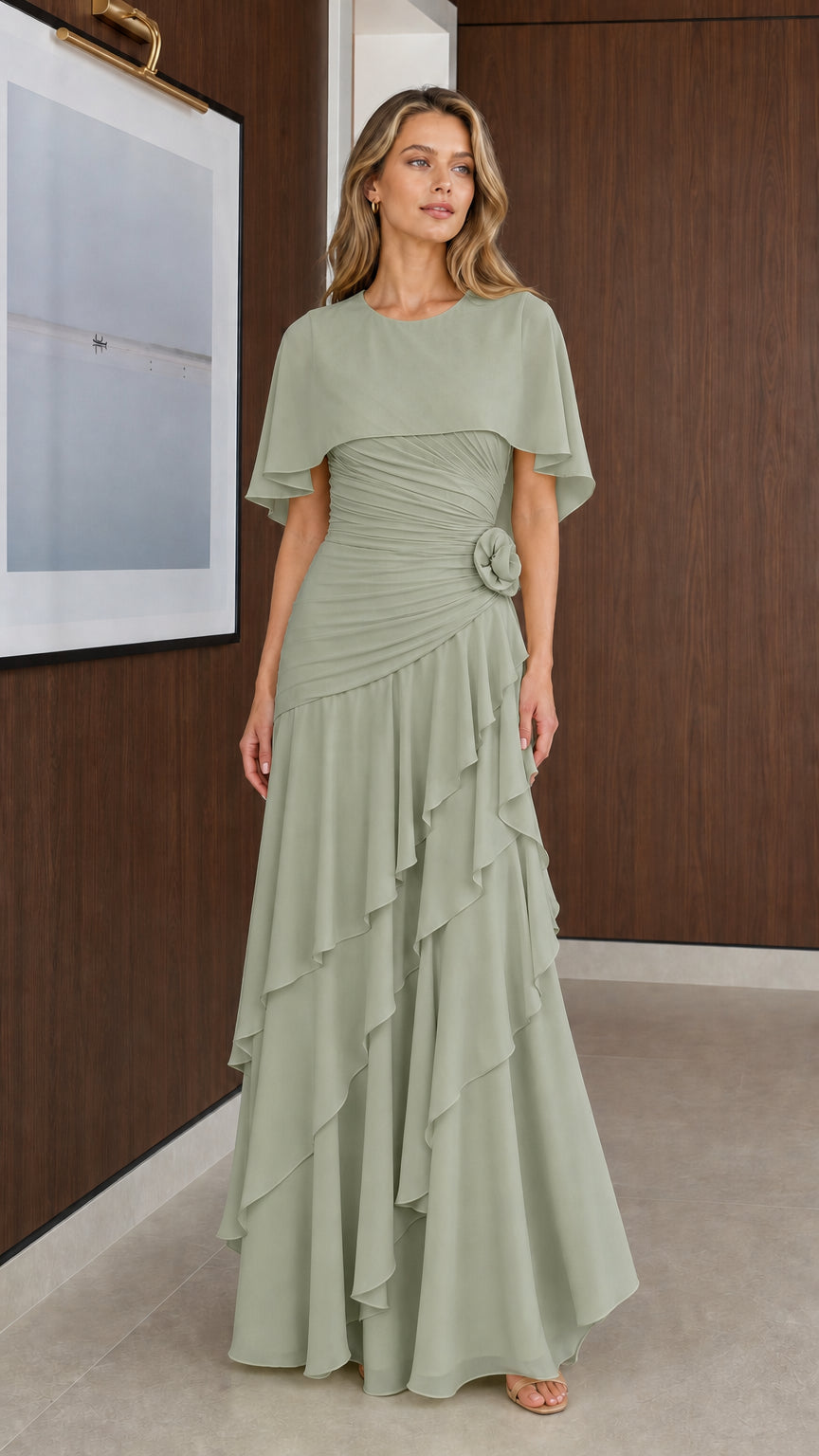 Model wearing Sage Green capelet chiffon formal maxi dress