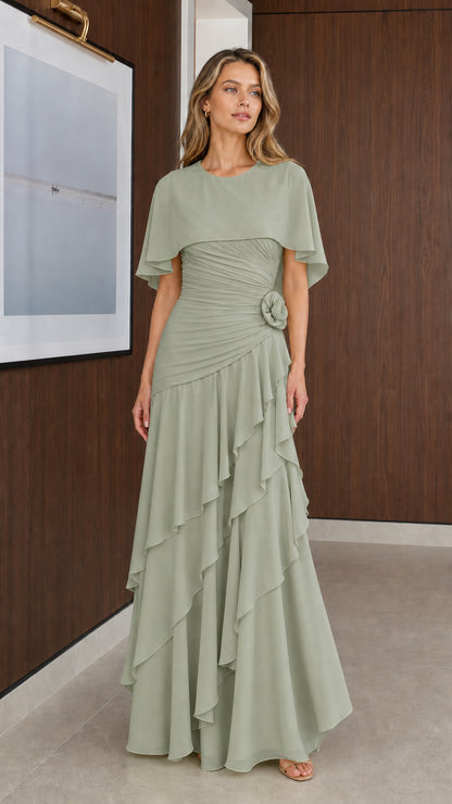 Model wearing Sage Green capelet chiffon formal maxi dress