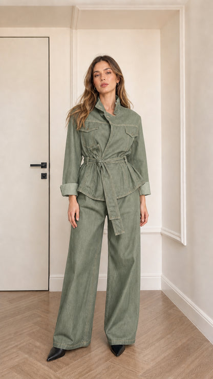 Model wearing sage green denim utility jacket and matching pants