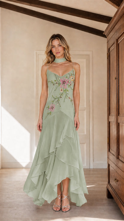 Sage green floral embroidered sleeveless maxi dress with tiered ruffle skirt