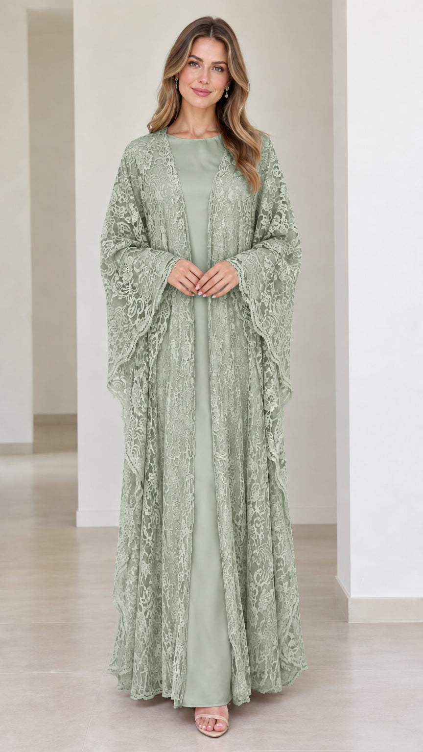 Full-length front view of sage green lace overlay maxi dress set