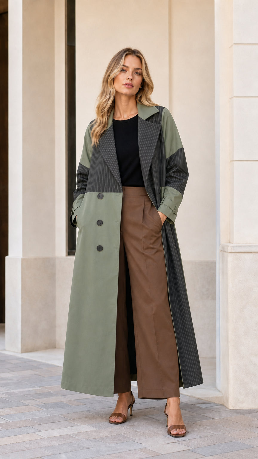 Full front view of woman wearing Sage Green colorblock pinstripe longline trench coat