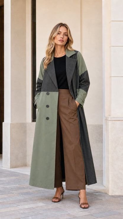 Full front view of woman wearing Sage Green colorblock pinstripe longline trench coat