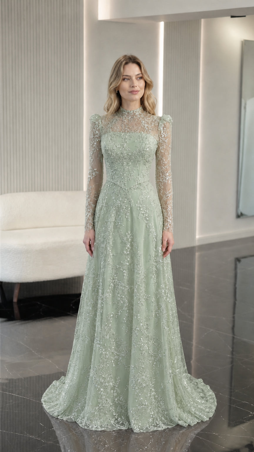 Sage green high neck embroidered formal maxi gown