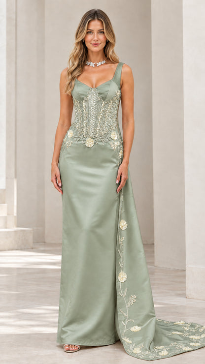Full front view of sage green satin corset maxi evening gown with side train