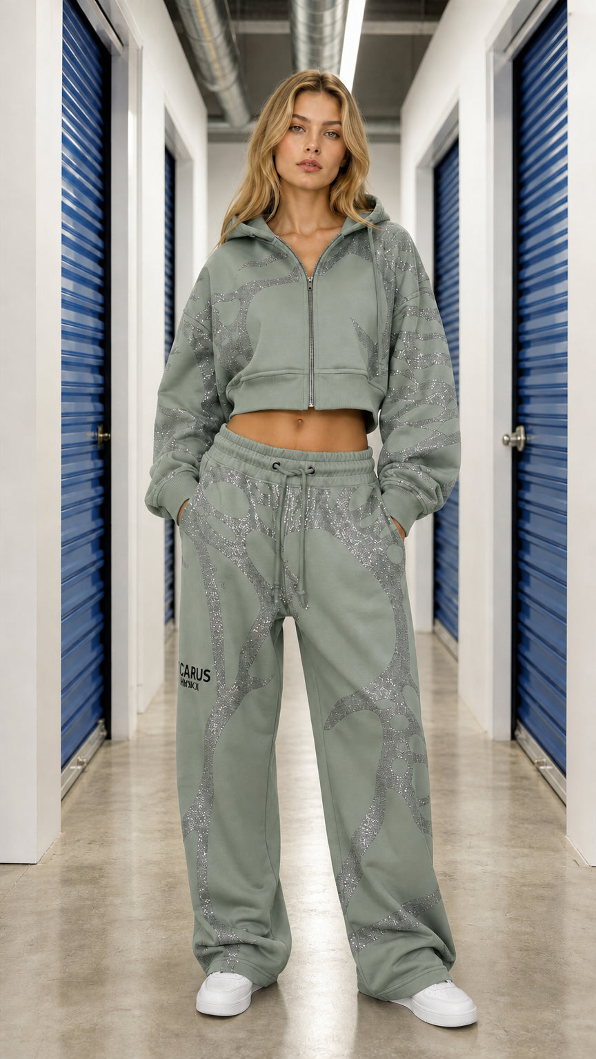 Front view of model wearing Sage Green rhinestone cropped hoodie and sweatpants set