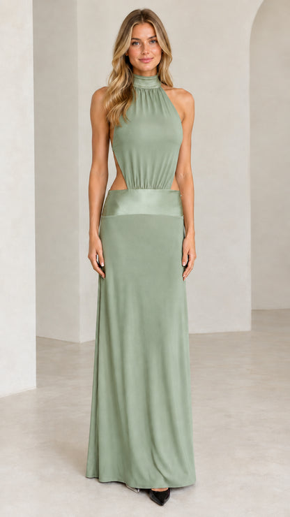 Sage green high neck halter cutout evening dress front view
