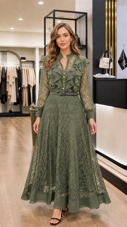 Front view of sage green long sleeve lace maxi dress with ruffles and belt