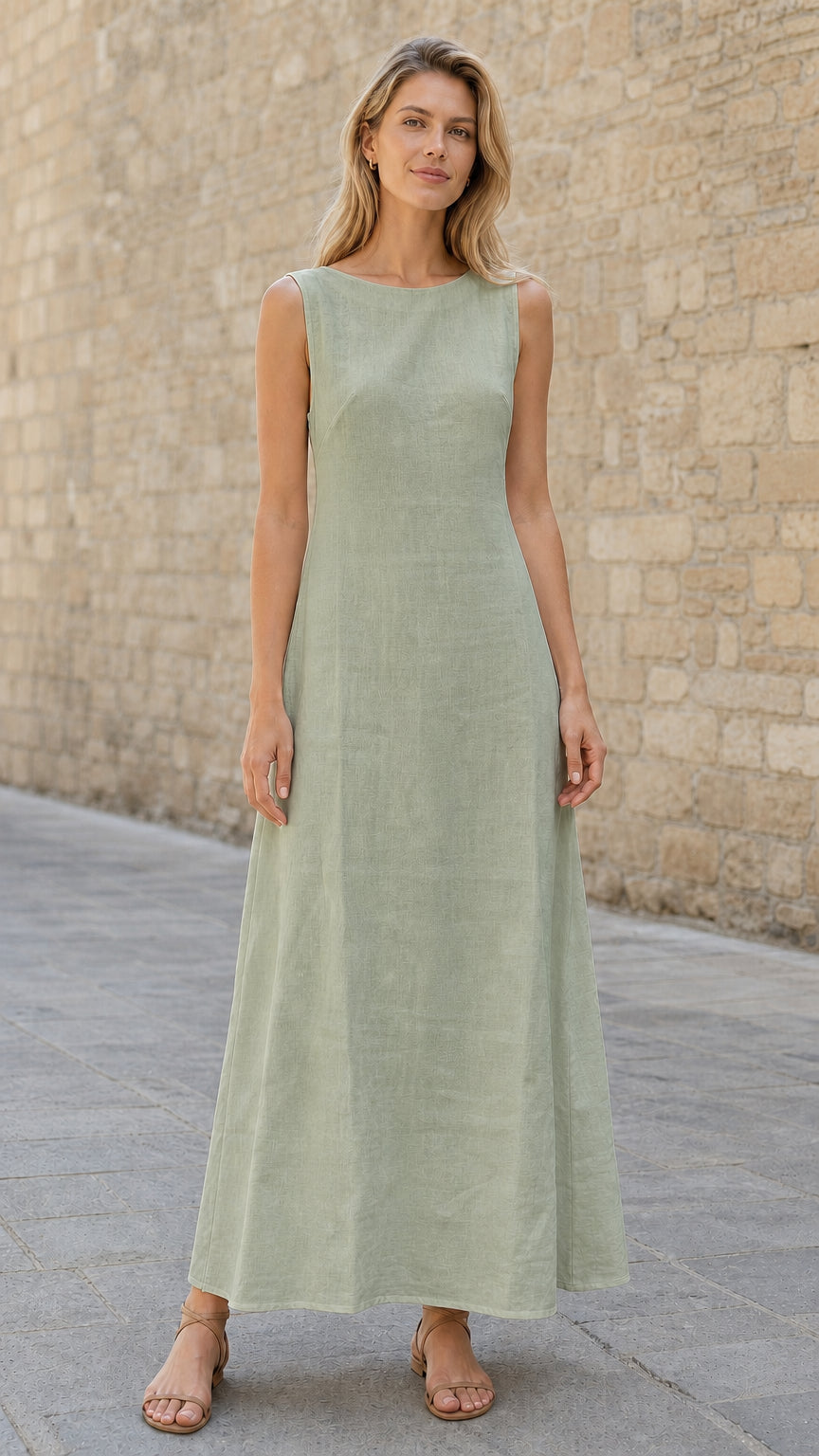 Woman wearing sage green sleeveless maxi dress