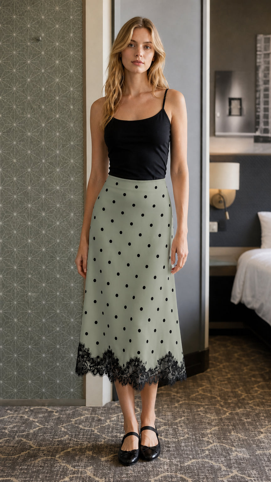 Front view of model in sage green polka dot midi skirt with lace hem