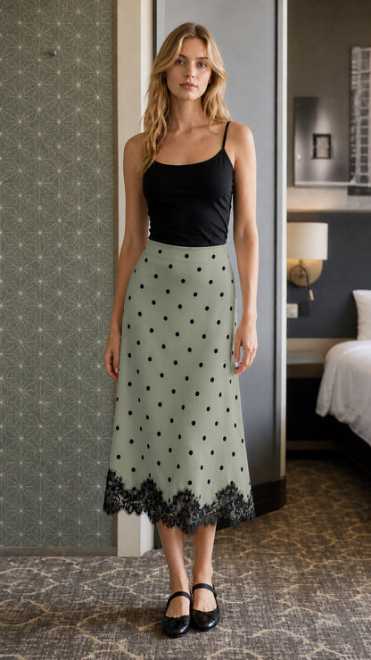 Front view of model in sage green polka dot midi skirt with lace hem